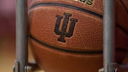 Basketball showing the IU logo before the game between the Indiana Hoosiers and the Eastern Washington Eagles at Assembly Hall. Eastern Washington Eagles beats Indiana Hoosiers by the score of 86-84.