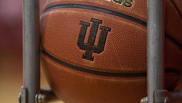 Basketball showing the IU logo before the game between the Indiana Hoosiers and the Eastern Washington Eagles at Assembly Hall. Eastern Washington Eagles beats Indiana Hoosiers by the score of 86-84.