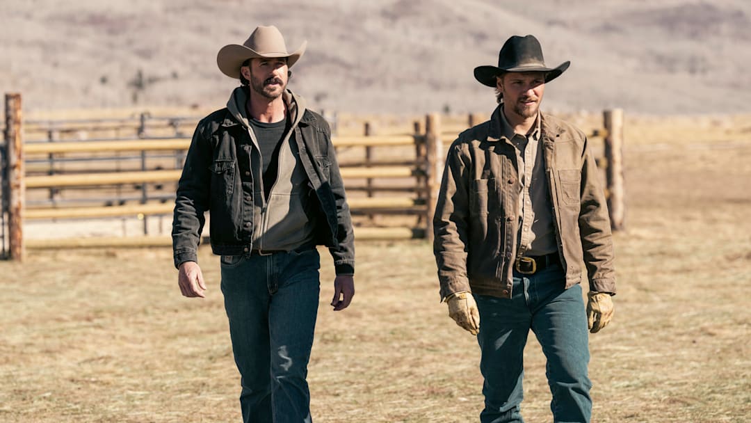 "Playing with Fire" -- CBS Original Series MARSHALS, scheduled to air on Sunday, May 3 (8:00-9:00 PM ET/PT). Pictured (L-R): Riley Green as Garrett and Luke Grimes as Kayce Dutton. Photo: Cam McLeod/CBS ©2025 CBS Broadcasting, Inc. All Rights Reserved.