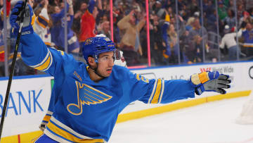 Jordan Kyrou celebrates during a game against the Chicago Blackhawks