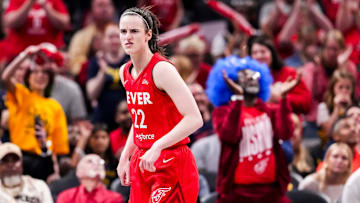 Indiana Fever guard Caitlin Clark reacts to scoring a 3-pointer Saturday, May 17, 2025, during a game against the Chicago Sky at Gainbridge Fieldhouse in Indianapolis.