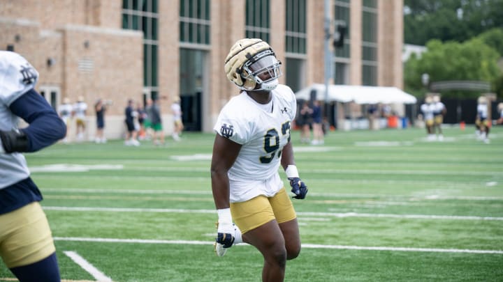 Armel Mukam DL of the Fighting Irish at Notre Dame football practice at the Irish Athletic Center on August 7, 2023.