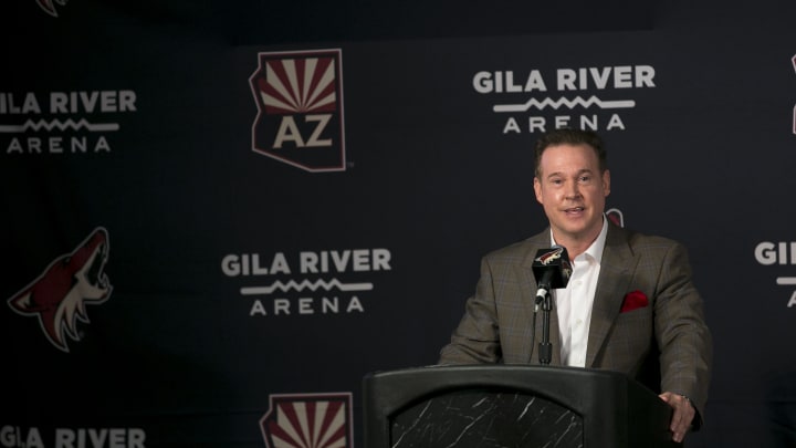 Coyotes owner Alex Meruelo speaks to the media at a press conference announcing his new ownership of the Coyotes at Gila River Arena in Glendale on July 31, 2019.