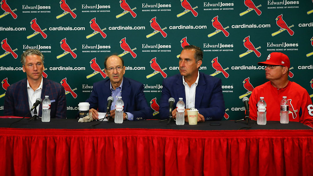 St Louis Cardinals staples Mike Girsch, Bill DeWitt Jr., John Mozeliak, and Mike Schildt address the media.