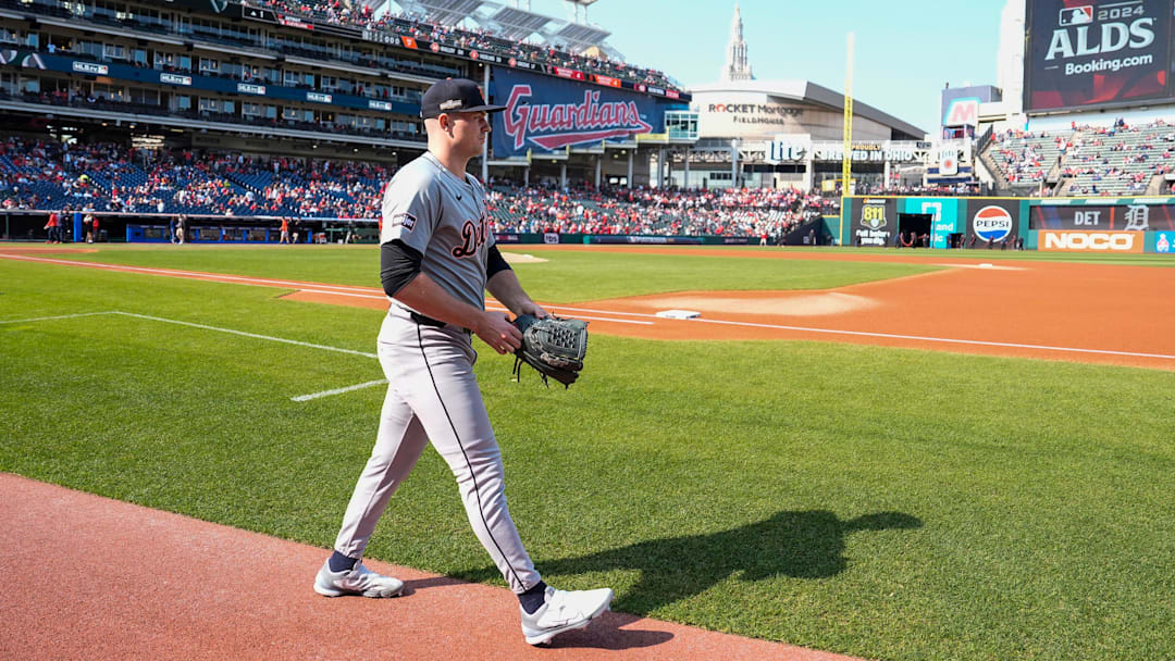 Detroit Tigers pitcher Tarik Skubal (29) takes the field for warm up at Game 5 of ALDS against Cleveland Guardians at Progressive Field in Cleveland, Ohio on Saturday, Oct. 12, 2024.