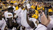 Arizona State's Jalen Bates celebrates after defeating Arizona for the Territorial Cup on Saturday, Nov. 24, 2018, at Arizona Stadium in Tucson, Ariz. Arizona State won, 41-40.

Arizona State Vs Arizona