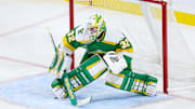 Dec 23, 2024; Saint Paul, Minnesota, USA; Minnesota Wild goaltender Filip Gustavsson (32) defends his net against the Chicago Blackhawks during the second period at Xcel Energy Center. Mandatory Credit: Matt Krohn-Imagn Images