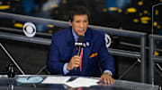 Apr 5, 2021; Indianapolis, IN, USA; CBS announcer Greg Gumbel prior to the national championship game in the Final Four of the 2021 NCAA Tournament between the Gonzaga Bulldogs and the Baylor Bears at Lucas Oil Stadium. 