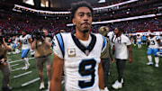 Nov 16, 2025; Atlanta, Georgia, USA; Carolina Panthers quarterback Bryce Young (9) looks on after the game against the Atlanta Falcons at Mercedes-Benz Stadium. 