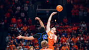 Illinois center Tomislav Ivisic (13) battles for the ball in Monday's Illini home opener against Eastern Illinois at the State Farm Center in Champaign, Illinois.