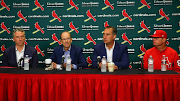 St Louis Cardinals staples Mike Girsch, Bill DeWitt Jr., John Mozeliak, and Mike Schildt address the media.