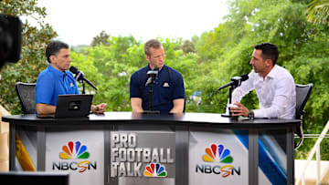 Pro Football Talk hosts Mike Florio (L) and Chris Simms (C) along with 49ers head coach Kyle Shanahan (R)