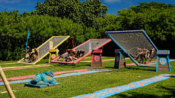 “The Devil’s Shoes” – A major shakeup hits the game when two tribes turn to three. New tribe members size each other up, but with only four players on each tribe, there is not much room to hide. Then, heat and exhaustion take a major toll on one castaway, on SURVIVOR, Wednesday, Oct. 29 . Pictured (L-R): The Hina, Kele, and Uli tribes compete. Photo: Robert Voets/CBS ©2025 CBS Broadcasting, Inc. All Rights Reserved.