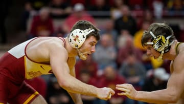 Iowa State's Chase Straw wrestles Missouri's Jarrett Jacques at 157 during the Cyclone's last dual of the season on Sunday, Feb. 24, 2019, in Hilton Coliseum. 