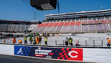 Construction of the baseball field in progress during a media event at Bristol Motor Speedway on June 24, 2025, ahead of the MLB Speedway Classic game between the Atlanta Braves and the Cincinnati Reds held at the racetrack.