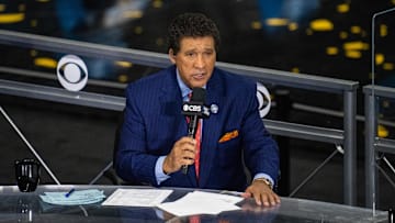 Apr 5, 2021; Indianapolis, IN, USA; CBS announcer Greg Gumbel prior to the national championship game in the Final Four of the 2021 NCAA Tournament between the Gonzaga Bulldogs and the Baylor Bears at Lucas Oil Stadium. 