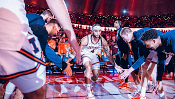 Illinois guard Kylan Boswell (4) is introduced ahead of the Illini's 81-77 win over then-No. 11 Texas Tech last week at the State Farm Center in Champaign, Illinois.