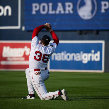 Red Sox first baseman Triston Casas stretches prior to a rehab start at DH for the WooSox on Tuesday July 30, 2023.