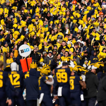 Nov 25, 2023; Ann Arbor, Michigan, USA; Michigan Wolverines fans cheer during the NCAA football game against the Ohio State Buckeyes at Michigan Stadium. Ohio State lost 30-24.