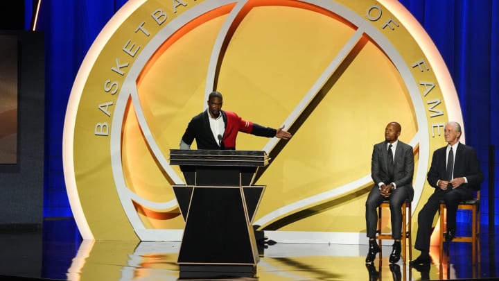 Sep 11, 2021; Springfield, MA, USA; Class of 2021 inductee Chris Bosh speaks alongside presenters Ray Allen and Pat Riley during the Naismith Memorial Basketball Hall of Fame Enshrinement at MassMutual Center. Mandatory Credit: David Butler II-USA TODAY Sports