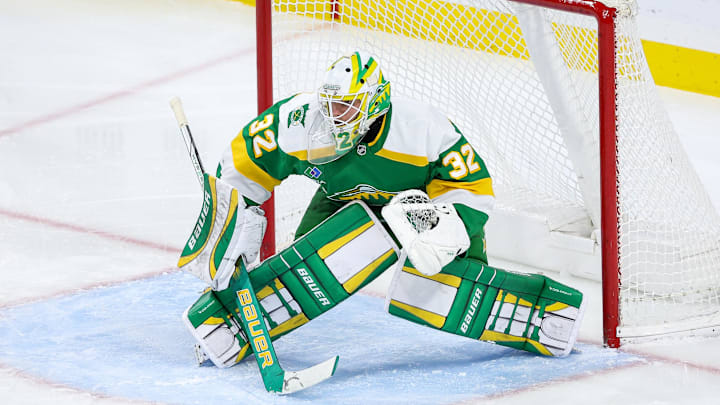 Dec 23, 2024; Saint Paul, Minnesota, USA; Minnesota Wild goaltender Filip Gustavsson (32) defends his net against the Chicago Blackhawks during the second period at Xcel Energy Center. Mandatory Credit: Matt Krohn-Imagn Images Dec 23, 2024; Saint Paul, Minnesota, USA; Minnesota Wild goaltender Filip Gustavsson (32) defends his net against the Chicago Blackhawks during the second period at Xcel Energy Center. Mandatory Credit: Matt Krohn-Imagn Images