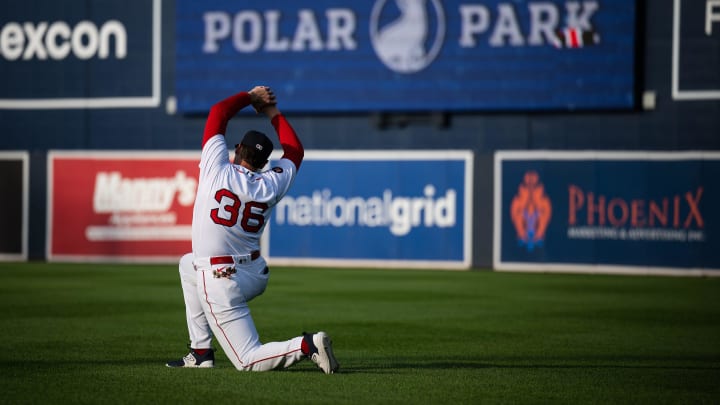 Red Sox first baseman Triston Casas stretches prior to a rehab start at DH for the WooSox on Tuesday July 30, 2023.