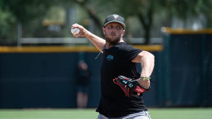 Merrill Kelly pitches in a 3-inning simulated game at Salt River Fields on July 31, 2024, in Scottsdale. Kelly has been on the injured list with a right shoulder injury since April.