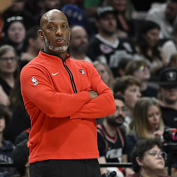 Apr 12, 2024; Portland, Oregon, USA; Portland Trail Blazers head coach Chauncey Billups watches play during the second half against the Houston Rockets at Moda Center. Mandatory Credit: Troy Wayrynen-Imagn Images