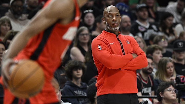 Apr 12, 2024; Portland, Oregon, USA; Portland Trail Blazers head coach Chauncey Billups watches play during the second half against the Houston Rockets at Moda Center. Mandatory Credit: Troy Wayrynen-Imagn Images