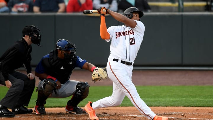 Shorebirds' Samuel Basallo (21) swings in the game against the Cannon Ballers Tuesday, April 11, 2023, at Perdue Stadium in Salisbury, Maryland. The Shorebirds defeated the Cannon Ballers 7-2.