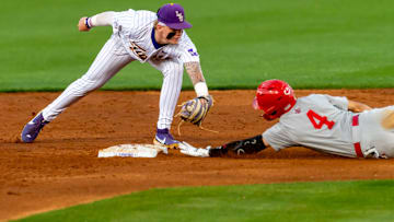 Sam Ardoin 4 is safe at second as LSU Tigers take on Louisianas Ragin Cajuns at Alex Box Stadium in Baton Rouge, LA. Tuesday, March 25, 2025.