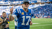 Indianapolis Colts quarterback Daniel Jones (17) makes his way off the field Sunday, Oct. 12, 2025, after a 31-27 win over the Arizona Cardinals at Lucas Oil Stadium.