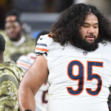 Nov 8, 2021; Pittsburgh, Pennsylvania, USA;  Chicago Bears defensive lineman Khyiris Tonga (95) on the sidelines against the Pittsburgh Steelers at Heinz Field. Mandatory Credit: Philip G. Pavely-Imagn Images