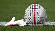 Oct 8, 2022; East Lansing, Michigan, USA; Ohio State Buckeyes wide receiver Emeka Egbuka (2) helmet and gloves during warm-ups before the NCAA Division I football game between the Ohio State Buckeyes and Michigan State Spartans at Spartan Stadium.