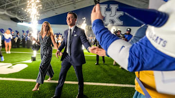 New Kentucky Wildcat head coach Will Stein arrives with wife, Darby has he is introduced at Kentucky on Wednesday, December 3, 2025