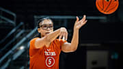 Texas Longhorns guard Laila Phelia (5) makes a pass during practice in the Moody Center, Oct. 2, 2024. The Longhorns start their season with an exhibition match against UT-Tyler on Oct. 31.