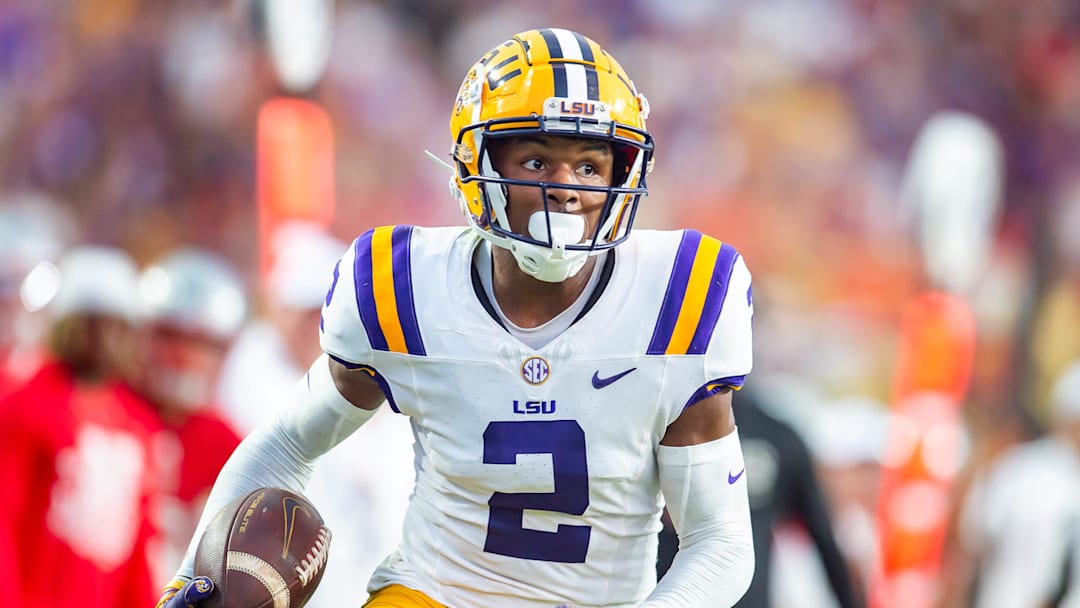 Kyren Lacy 2 runs the ball as the LSU Tigers take on the Nicholls Colonels at Tiger Stadium in Baton Rouge, LA. Saturday, Sept. 7, 2024.