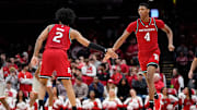 Rutgers Scarlet Knights guard Dylan Harper (2) high fives guard Ace Bailey (4) during the second half 