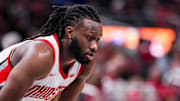 Ohio State Buckeyes guard Bruce Thornton (2) looks down during a free throw Wednesday, March 12, 2025, in a first round game at the 2025 TIAA Big Ten Men’s Basketball Tournament between the Iowa Hawkeyes and the Ohio State Buckeyes at Gainbridge Fieldhouse in Indianapolis. The Hawkeyes defeated the Buckeyes, 77-70.