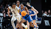 Duke Blue Devils guard Oluchi Okananwa (5) dribbles the ball down the court, pursued by South Carolina Gamecocks guard MiLaysia Fulwiley (12).