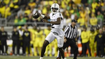 Oct 4, 2024; Eugene, Oregon, USA; Michigan State Spartans quarterback Aidan Chiles (2) throws a pass during the second half against the Oregon Ducks at Autzen Stadium. Mandatory Credit: Troy Wayrynen-Imagn Images
