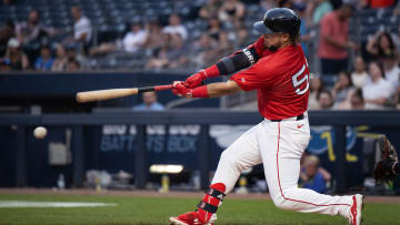 Wilyer Abreu connects on a pitch for the WooSox while on a rehab start.