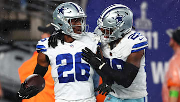 Dallas Cowboys cornerback DaRon Bland (26) celebrates his touchdown against the New York Giants during the first half at MetLife Stadium.