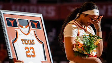 Texas Longhorns forward Aaliyah Moore (23) cries during senior day honors following the Longhorns' win over the Florida Gators, March 2, 2025. With the 72-46 win over the Gators, the Texas Longhorns become regular season SEC Champions.