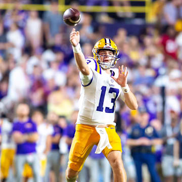 Quarterback Garrett Nussmeier 13 throws a pass as the LSU Tigers take on the Nicholls Colonels at Tiger Stadium in Baton Rouge, LA. Saturday, Sept. 7, 2024.