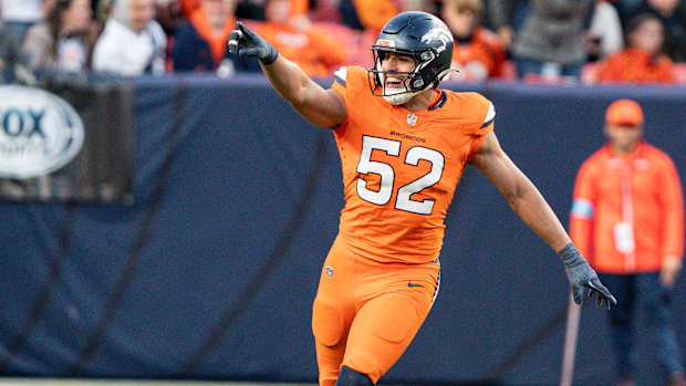 Denver Broncos outside linebacker Jonah Elliss celebrates a sack vs. the Atlanta Falcons. 