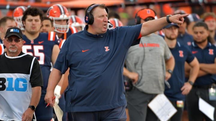 Sep 23, 2023; Champaign, Illinois, USA;  Illinois Fighting Illini head coach Bret Bielema during the second half against the Florida  Atlantic Owls at Memorial Stadium. Mandatory Credit: Ron Johnson-USA TODAY Sports