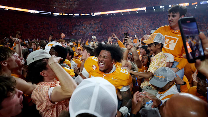 Oct 19, 2024; Knoxville, Tennessee, USA; Tennessee Volunteers defensive lineman Daevin Hobbs (53) celebrates with fans after defeating the Alabama Crimson Tide at Neyland Stadium. Mandatory Credit: Alan Poizner-Imagn Images