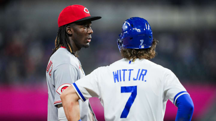 Jun 12, 2023; Kansas City, Missouri, USA; Cincinnati Reds third baseman Elly De La Cruz (44) talks with Kansas City Royals shortstop Bobby Witt Jr. (7) during the eighth inning at Kauffman Stadium. Mandatory Credit: Jay Biggerstaff-USA TODAY Sports