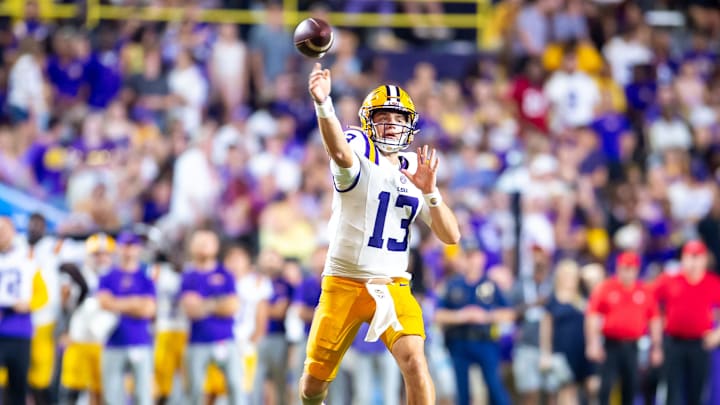 Quarterback Garrett Nussmeier 13 throws a pass as the LSU Tigers take on the Nicholls Colonels at Tiger Stadium in Baton Rouge, LA. Saturday, Sept. 7, 2024.